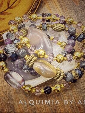 ONYX AGATE LABRADORITE AME + Purple, Gold and Gray Beaded gemstones Bracelet Set